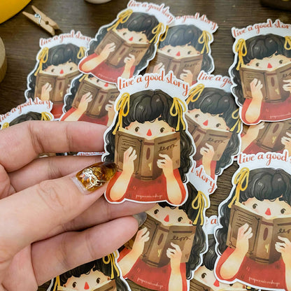 Girl Reading Book Waterproof Vinyl Sticker VS015